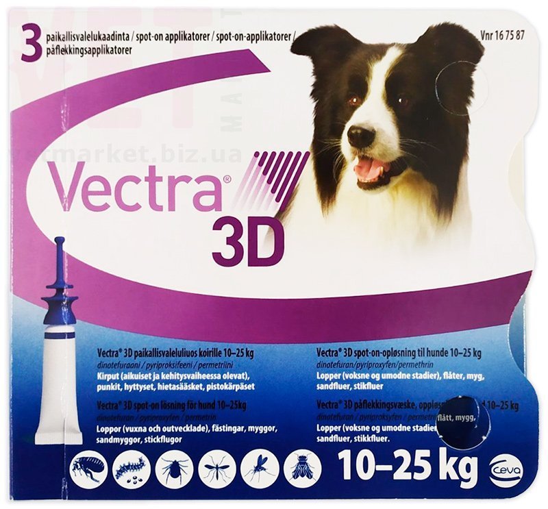 vektra 3d kapli dlya sobak 10 25 kg 1 pip 3 6 ml seva franciya