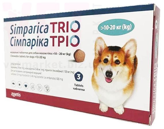 Симпарика Трио для собак 10,1-20 кг, 3 табл., Zoetis